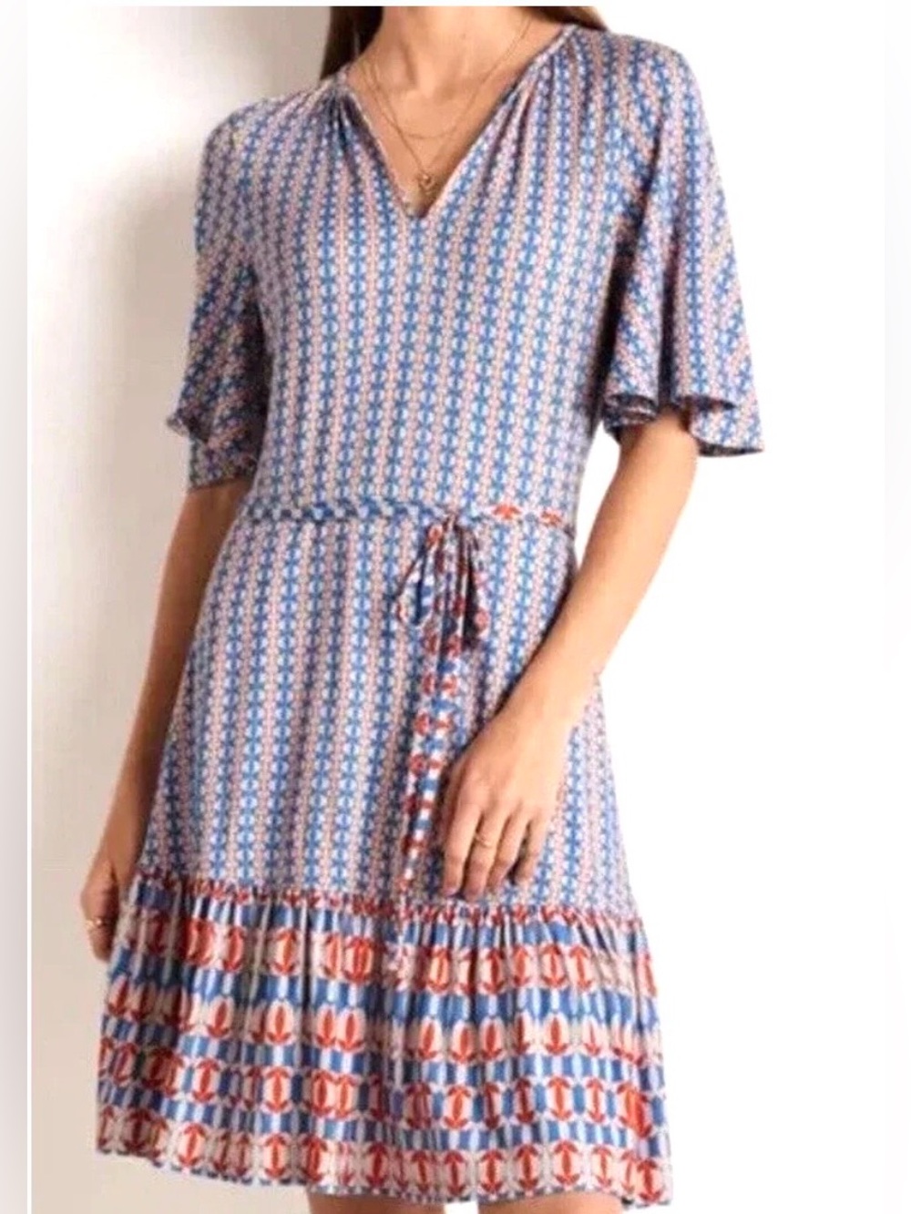 Boden Notch Neck Tiered Jersey Mini Dress Mosaic Blue Petal Print SZ 12 EUC